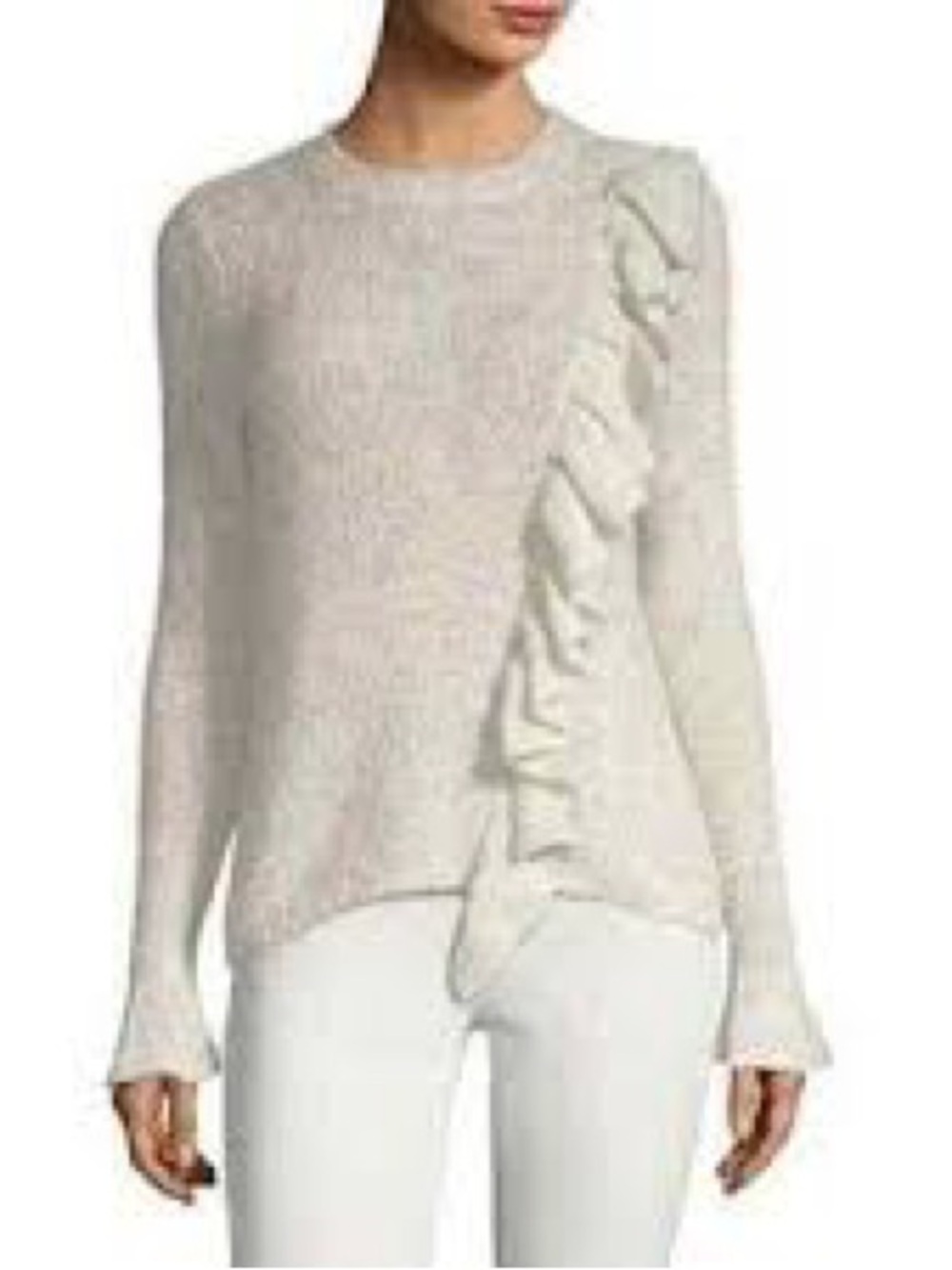 Rebecca Taylor Cream Ruffle-Trim Crewneck Sweater